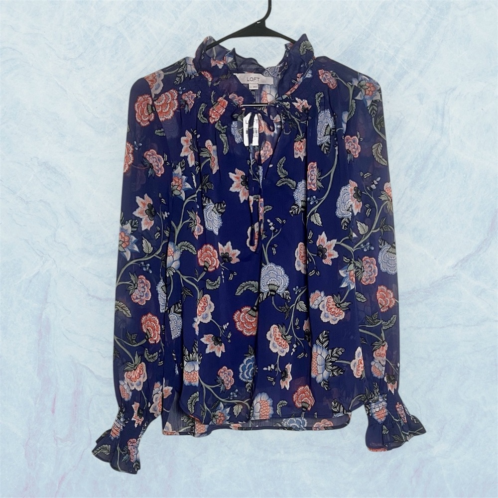 LOFT Women’s Navy Floral Blouse with Red Coral Accents Size S